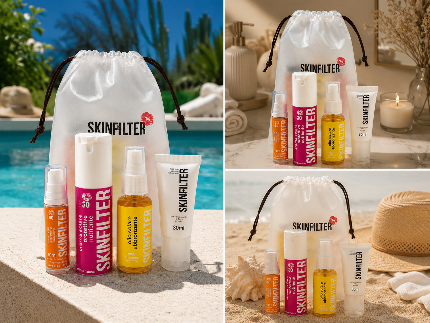 Beauty bag SKINFILTER con solari SPF30 e SPF50