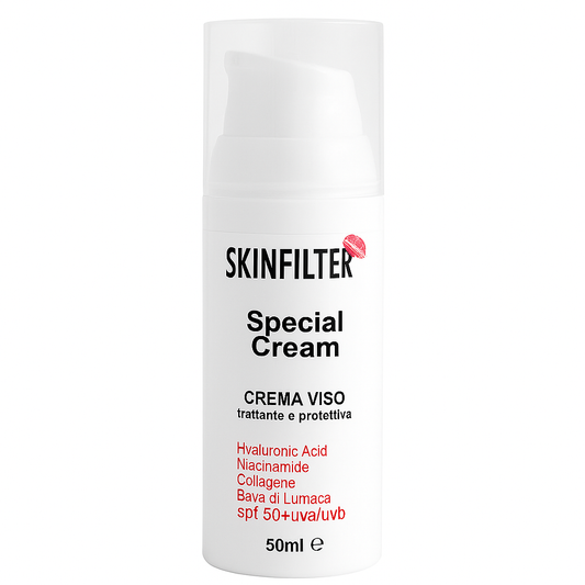 CREMA VISO TRATTANTE CON ACIDO IALURONIC, BAVA DI LUMACA , COLAGENE, NIACINAMIDE SPF 50+., 50ML