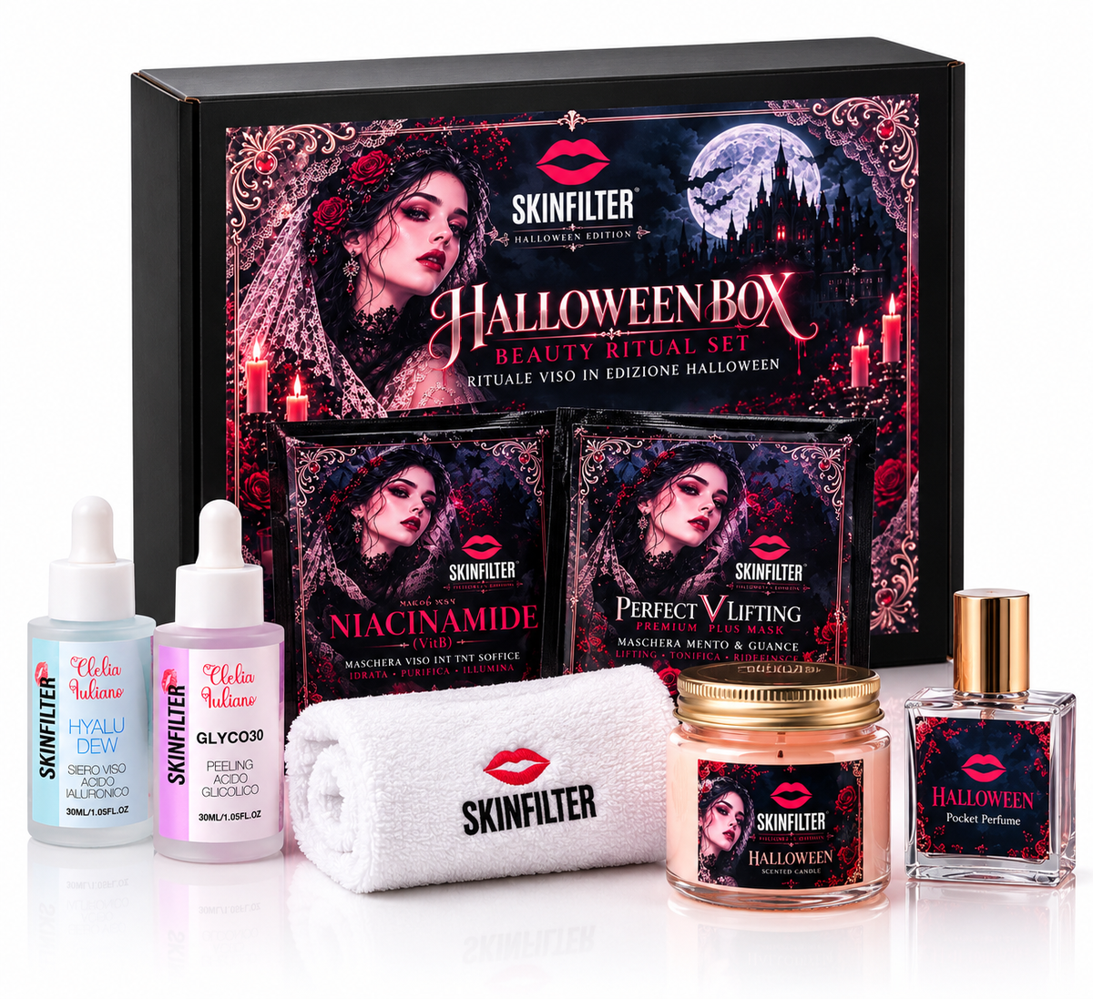 Skinfilter Halloween Box Beauty Ritual Set: cofanetto skincare Halloween con sette prodotti e accessori su sfondo bianco