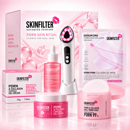SKINFILTER PDRN Skin Ritual Box con siero, gel cream, toner pads, mask e dispositivo LED con microcorrente